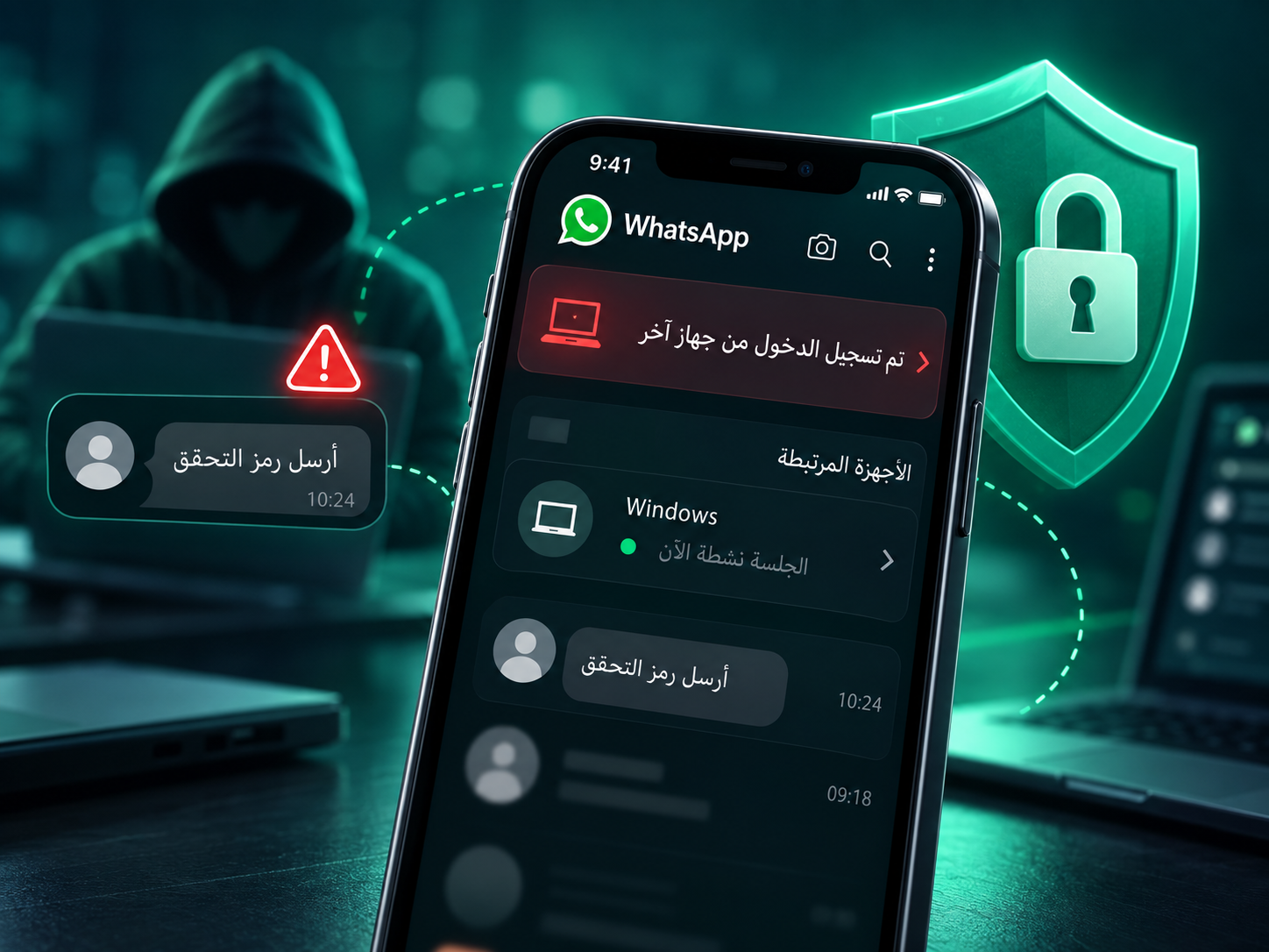 كيف أعرف أن واتساب مخترق - علامات اختراق واتساب. العنوان: كيف أعرف أن واتساب مخترق. الوصف: صورة توضيحية لمقال جلال درماج عن علامات اختراق واتساب وطرق استرجاعه.