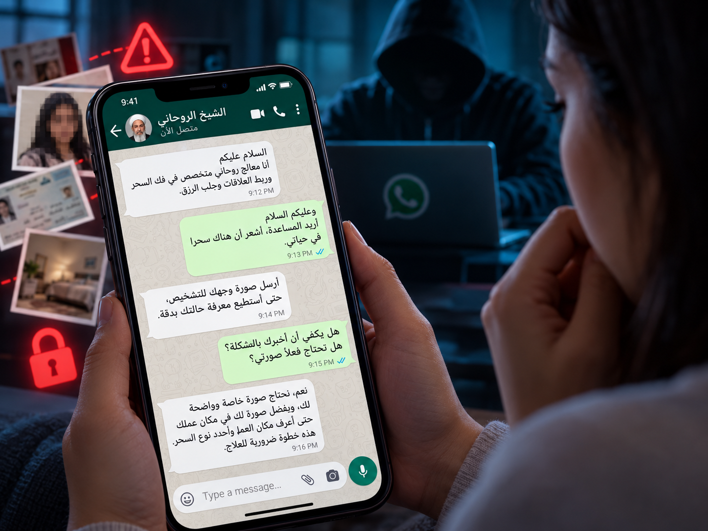 الراقي المزيف يطلب صور الضحية عبر الواتساب
